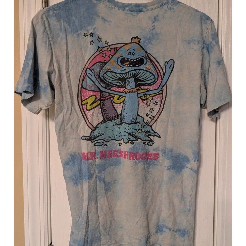 Rick and Morty "Mr. Meeshrooms" Tie Dye Graphic Tee Light Blue Cloud Wash Trippy